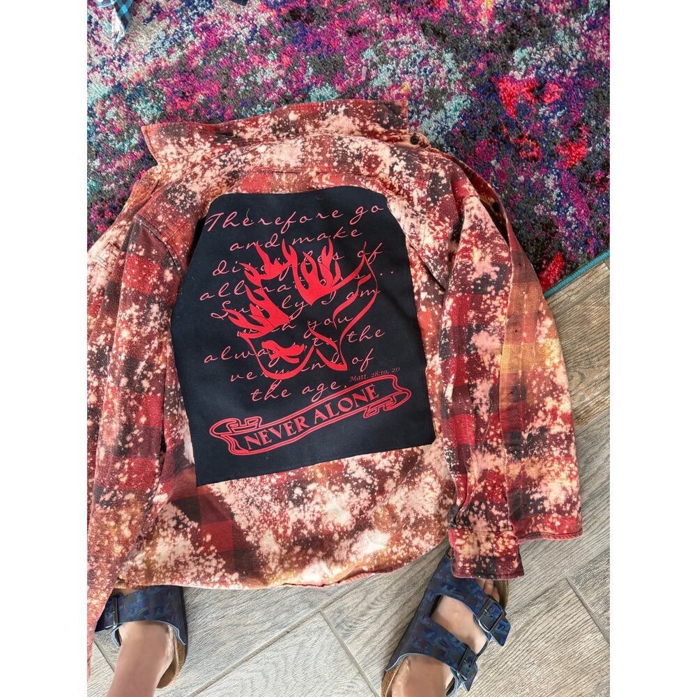 Bible verse upcycled custom flannel shirt black graphic tee on back bespoke